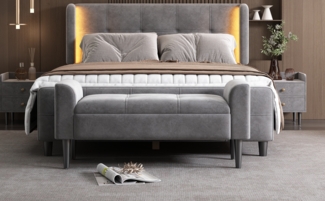 Kinderbett Polsterbank 116x44 cm, Samt/MDF mit Steppmuster und Armlehne, Grau