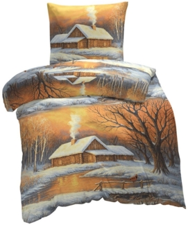 One Home Bettwäsche Schneelandschaft Winterlandschaft, Flanell, 2 teilig, Schneehütte Weihnachten, Baumwolle kuschelig warm weich Biber Winter