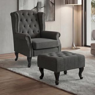 Sessel Chesterfield, Relaxsessel Clubsessel Ohrensessel, wasserabweisend Stoff/Textil ~ dunkelgrau mit Ottomane
