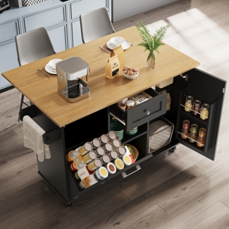 Moderne Kücheninsel Küchenschrank für Mülleimer buffetschrank Multifunktionale Esstisch mit Speicherraum Speisewagen mit Snackregalen und Stretchfunktionsschränken schwarz