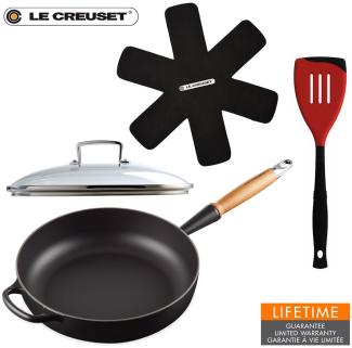 Le Creuset Sautépfanne 28 cm schwarz mit Glasdeckel Wender Pfannenschutz - 25 bis 28 cm - Schwarz