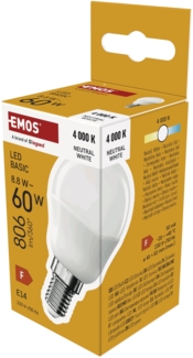 EMOS - LED-Lampe BASIC MiniGlobe - E14 Sockel - Neutralweiß - 806 lm - 8,8W (Ersatz für 60W Glühbirne) - Lebensdauer 20 000 Stunden - Abstrahlwinkel 180° - CRI min. 80