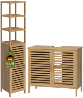 Bellamio 'Newa' Badezimmer Set aus Waschbeckenunterschrank und Hochschrank mit 5 Ablagefächern, Bambus, natur