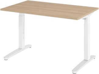 bümö manuell höhenverstellbarer Schreibtisch 120x80 in Eiche, Gestell in weiß/alu - PC Tisch höhenverstellbar & klein, höhenverstellbarer Tisch Büro, kleiner Computertisch verstellbar, X12-E-WC