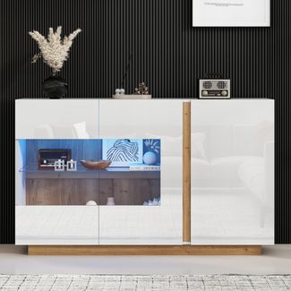 Sideboard Kommode aus Spanplatte mit Hochglanz, Glas & LED-Beleuchtung, 138x38x90,5 cm, Weiß