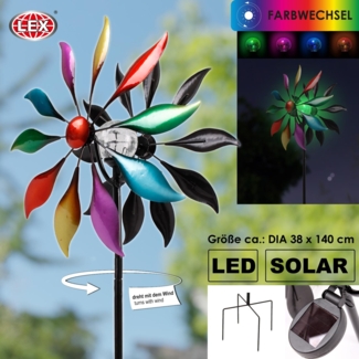 Windrad Windspiel Metall mit Solar LED Glaskugel Metall bunt Erdspieß Gartendeko
