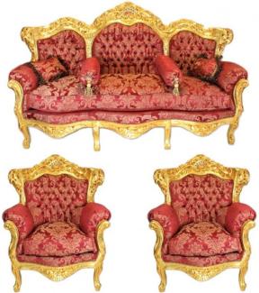 Casa Padrino Barock Wohnzimmer Set Bordeaux Bouquet Muster / Gold - 3er Sofa + 2 Sessel