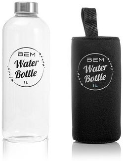 BEM Trinkflasche Water Bottle aus Glas mit Edelstahldeckel, BPA-frei Spülmaschinenfest Silikonhülle Borosilikatglas Wasser Flasche