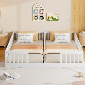 Merax 90 x 200 cm Kinderbett mit Gitter, Ohne Lattenrost (ohne Matratze), für Familien mit zwei Kindern, Kiefernholz, Minimalistischer Stil, Weiß