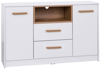 Marmex Möbel Grant 05N Grant G5 Kommode mit Schubladen und zwei Schranktüren, laminierte Spanplatte, weiß+riviera Eiche, 122,5 x 75,5 x 40 cm