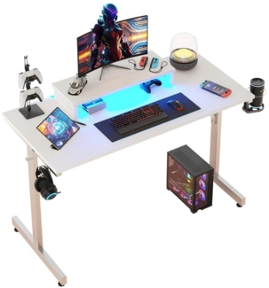 Bestier Gamingtisch 106cm×50cm×85cm Gaming Tisch, Schreibtisch mit LED (1 Tisch, PC mit Kohlefaseroberfläche), Stabiler Computertisch mit Kopfhörerhaken und Getränkehalter