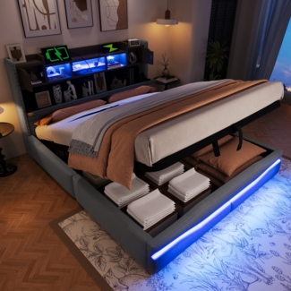 Polsterbett mit LED-Beleuchtung und Stauraum, 160x200 cm, USB/Type-C Anschlüsse, gepolsterter Kopfteil, Doppelbett, Stauraumbett, Leinen