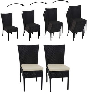 2er-Set Poly-Rattan Stuhl HWC-G19, Balkonstuhl Gartenstuhl, stapelbar ~ schwarz, Kissen creme