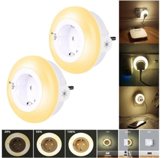 MUPOO LED Nachtlicht Steckdosen Nachtlicht Dimmbar Wandsteckdose 3 Modi Dämmerungssensor, WarmWeiß, 3 Helligkeit & Auto/AUF/AUS, LED fest integriert, Steckdose Erweitern für Flur,Kinderzimmer,Küche,Treppenhaus
