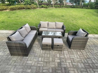 Fimous 9 Sitzer Dunkelgrau PE Wicker Rattan Gartenmöbel Set Liegestuhl Lounge 3 Sitzer Sofa Set Outdoor Rechteckige Couchtisch Hocker