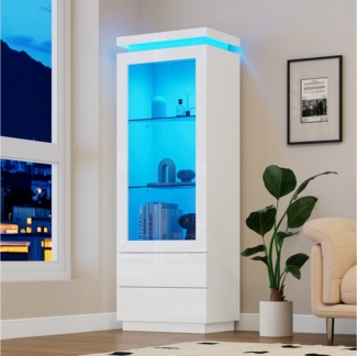 Merax Standvitrine Hochglanz Hochschrank schmal Wohnzimmerschrank mit LED-Beleuchtung (1-St) Vitrine mit Acryl-Glastür, Glasablagen & 2 Schubladen, 60×40×171cm