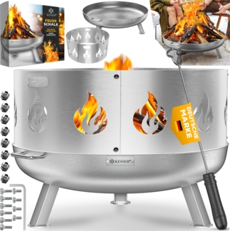 KESSER® Feuerschale mit 2,5 mm Stahldicke Feuerkorb aus Edelstahl / Stahl inklusive 42cm Feuerhaken aus Gusseisen, Wasserablauf & 2 stabile Griffe für Holz & Kohle Feuerstelle für Garten & Terrasse Ø 80 cm, Edelstahl + Funkenschutz