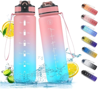 NAVTUE 1 Liter Sport Wasserflasche Strohhalm Zeitmarkierungen Tritan