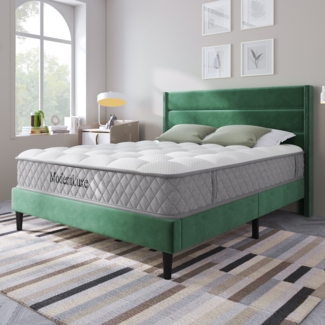Polsterbett 140x200 cm mit gepolstertem Kopfteil, Samt Dunkelgrün, stabiler Holzlattenrost,inklusive Matratze