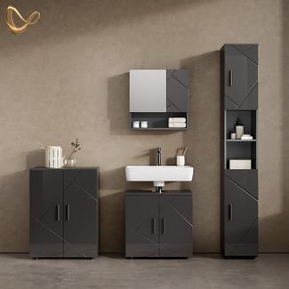 Livinity® Badmöbel-Set Ronco, Anthrazit Hochglanz/Anthrazit, 4 Teile, mit Hochschrank und, (4-St)