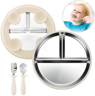 Mutig Kindergeschirr-Set 3 Stück Edelstahl Baby Teller mit Silikon Saugnapf mit Löffeln&Gabeln, 1 Personen, Spülmaschinenfest & BPA Frei mit Unterteilung,Für Kinder geeignet