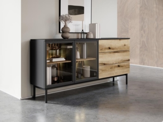 Vente-unique - Sideboard mit 2 Türen & 3 Schubladen mit LED-Beleuchtung - Holzfarben & Schwarz - LABENIA