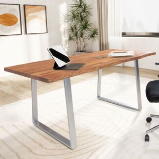 FineBuy Schreibtisch Akazie Massivholz / Metall Computertisch Baumkante, Homeoffice Bürotisch Massiv mit Trapezbeinen in Chrom, Holztisch Laptoptisch Arbeitszimmer Braun