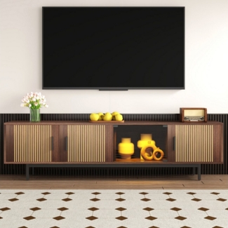 Ulife Lowboard TV-Schrank, Fernsehtisch, Wohnzimmermöbel mit geschnitzter Textur, mit LED-Lichtleiste und Tür aus gehärtetem Glas