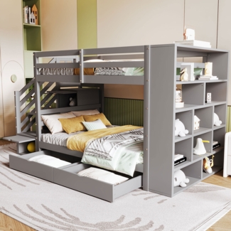 Merax Etagenbett Kinderbett 90x200cm mit 2 Schubladen, Seitschrank, Stauraumtreppe, grau