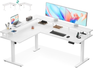 OffiGo Höhenverstellbarer Eckschreibtisch 150x120cm mit Steckdose, Monitorablage