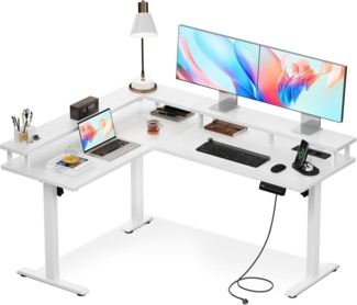 OffiGo Höhenverstellbarer Eckschreibtisch 150x120 cm mit Steckdose, Monitorablage
