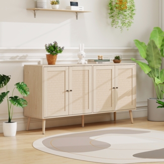 Sideboard Holzoptik 150×40×80 cm mit 4 Türen, Kommode mit Wellenmuster Front Aufbewahrungsschrank