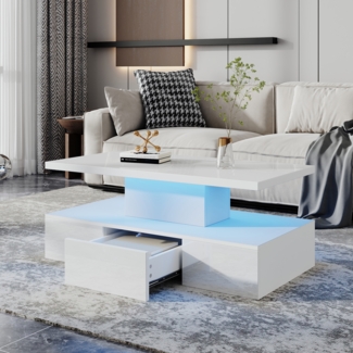 Merax Zweistufiger Couchtisch fürs Wohnzimmer mit 16-farbigem LED-Licht, Hochglanz-Wohnzimmertisch, Sofatisch mit offenem Ausstellungsregal & 1 Schiebeschubladen, Weiß