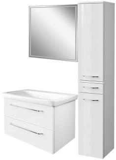 FACKELMANN MILANO Badmöbel Set 4-teilig, 88 cm breit, Weiß, Waschbecken Keramik, LED-Spiegel + Hochschrank