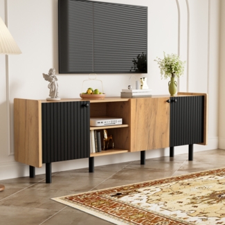 TV-Schrank 160 cm Schwarz Holzoptik mit Stauraum, Lowboard mit 3 Türen und 2 offenen Fächern, modernes TV-Möbel