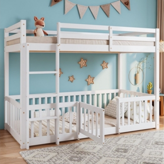 TavilaEcon Etagenbett Kinderbett mit Zäune und Türchen, rechtwinkliger Treppe, mit Fallschutz und Gitter, Massivholz, weiß, 90x200cm