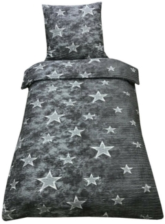 Visaggio Bettwäsche 135x200 cm oder 155x220 cm Allergiker geeignet, Seersucker, 2 teilig, Grau Sterne und Streifen