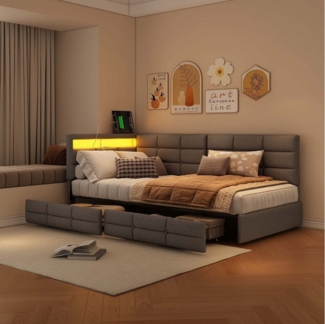 PXloue Polsterbett Daybett Tagesbett, Schlafsofa,2 Schubladen, Mit LED und USB-Ladeanschluss,90x200 cm
