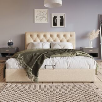 Polsterbett, Leinen mit Stauraum & verstellbarem Kopfteil, 160x200 cm, Naturholzfarbe, ohne Matratze