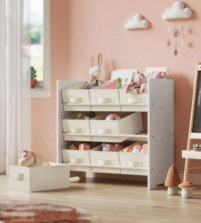 Songmics Kinderregal, Spielzeugregal, Bücherregal Kinder, mit 9 Aufbewahrungsboxen aus Vliesstoff, Kinderzimmer Regal, geräumig, 29,5 x 62,5 x 60 cm, wolkenweiß GKR033W10