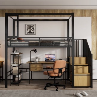 Odikalo Hochbett, Treppe mit einer Garderobe und Ablagefächern, Eisen Gestell, MDF Schwarz & Natur, 90x200 cm