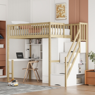 Merax Hochbett mit großem Kleiderschrank, Regal & Tisch, Holz natur / weiß, 90x200 cm