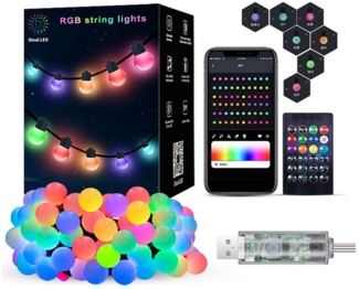 PRIISF LED-Lichterkette Leuchtkugeln RGB Bunt Partylichterkette Kugeln Außen Innendekoration, mit Timer Garten Party Beleuchtung Smart APP Musik Control IP65