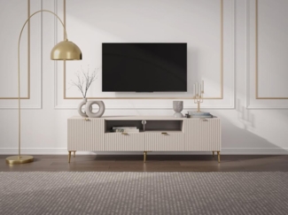 Vente-unique - TV-Möbel mit 2 Türen, 2 Schubladen & 2 Ablagefächern - MDF & Stahl - Beige & Goldfarben - YESINIA