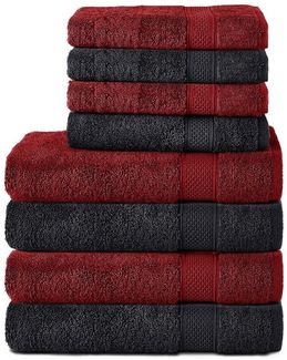 Komfortec 8er Handtuch Set aus 100% Baumwolle, 4 Badetücher 70x140 und 4 Handtücher 50x100 cm, Frottee, Weich, Towel, Groß, Schwarz/Aurorarot