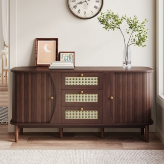 KLAM HOME Sideboard Rattankommode, Kommode mit Schiebetüren, mit verstellbaren Einlegeböden und abgerundeter Platte
