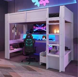 Flieks Hochbett Kinderbett 90x200cm mit LED, Aufladen, Schreibtisch und Stauraum