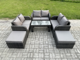 Fimous Hoher Rücken Rattan Gartenmöbel Sets mit Rechteckiger Couchtisch Liegestühle Love Sofa 2 hohen Hockern