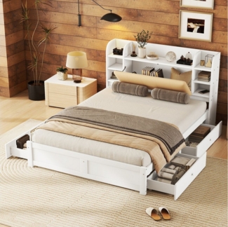 OKWISH Stauraumbett Flachbett, teilweise aufklappbares Kopfteil,vier Schubladen,Staufächer (160*200cm), ohne Matratze
