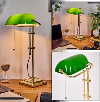 hofstein Tischleuchte Tischlampe aus Metall/Glas in Messing/Grün/Weiß, ohne Leuchtmittel, Bankerlampe, Schreibtischlampe mit Zugschnur, 1 x E27